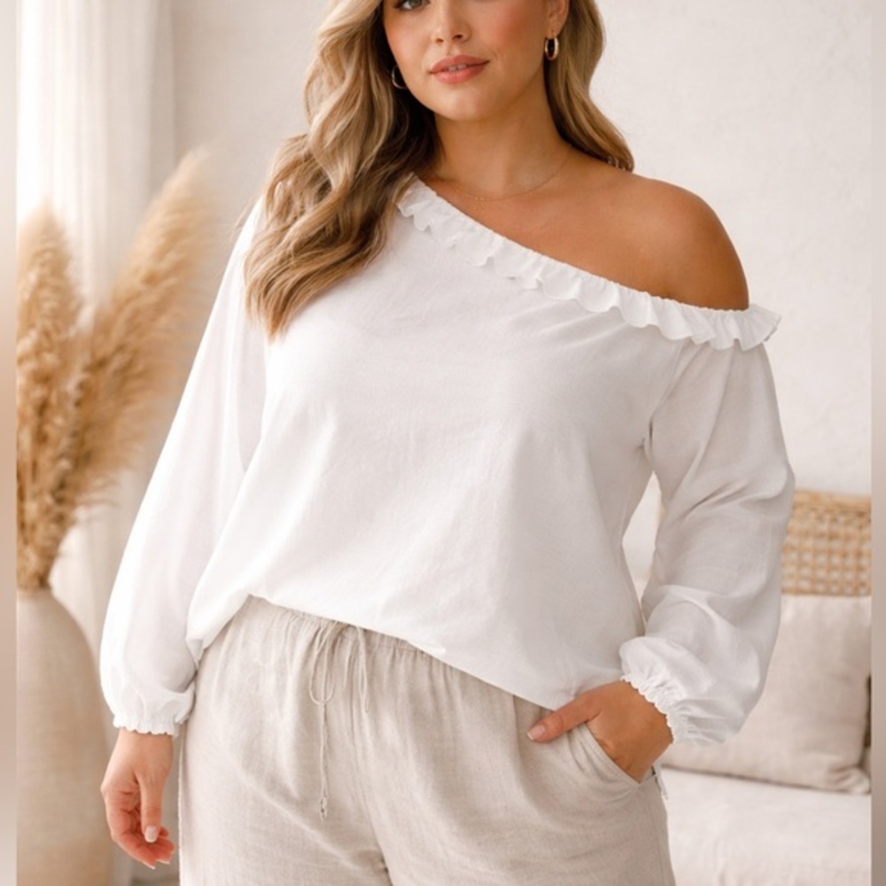 Tibi Off the Shoulder White Ruffle Accent Long Sleeve Minimalist Top